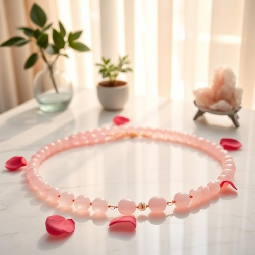 Pembe Kuvars Boncuklu Kolye